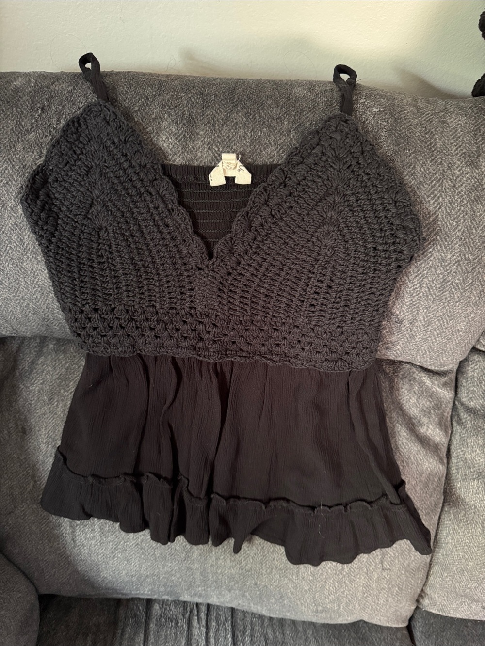 Black Crochet Knit Bodice Peplum Tank Top